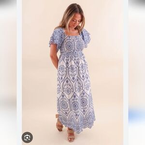 NWT See And Be Seen Eyelit Smocked Embroidered Fairy Cottagecore Blue Dress